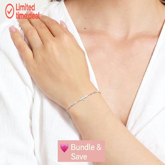 14K Gold Plated Cross Beaded Bracelet Adjustable Stainless Steel Link Chain - Picture 4 of 7